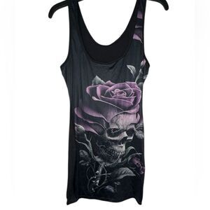 Black Gothic Skull and Purple Rose Graphic Tank Dress Medium Alternative Punk